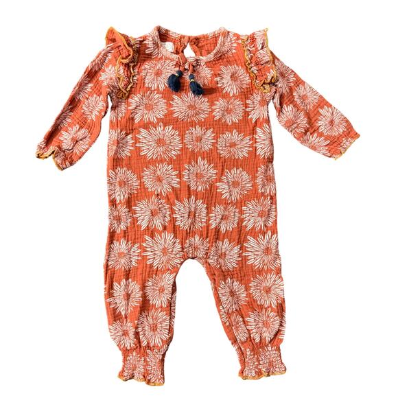 Mud Pie Fall Floral Romper Ruffle Long Sleeve Boho Rust Orange Baby Girl 9-12m - Picture 1 of 8